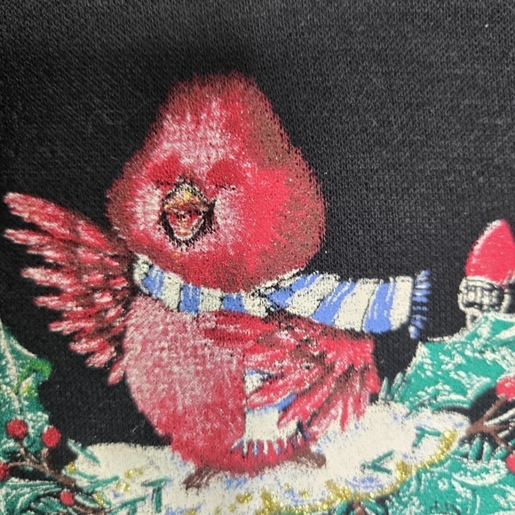 Vtg 80s Nutcracker Christmas tree birds black sweatshirt built in collar - Picture 8 of 11